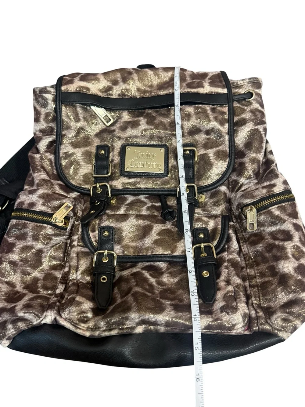 Juicy Couture Brown and Cream Leopard Print Backpack with Gold Hardware